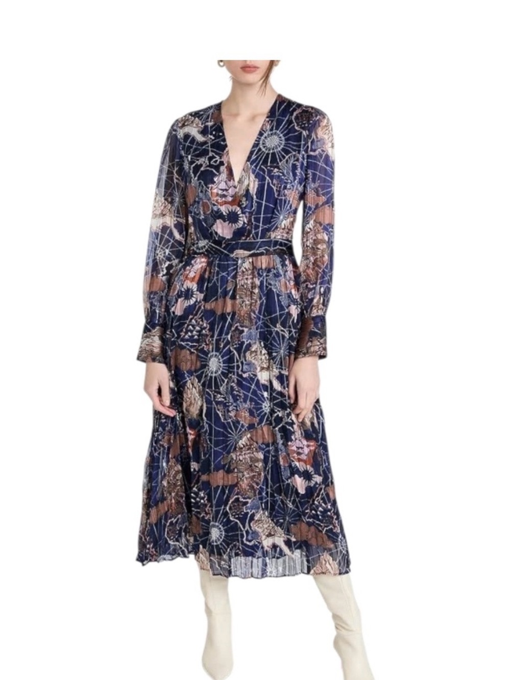 Scotch & Soda NWT size large Navy Floral V-Neck Long Sleeve Midi Dress